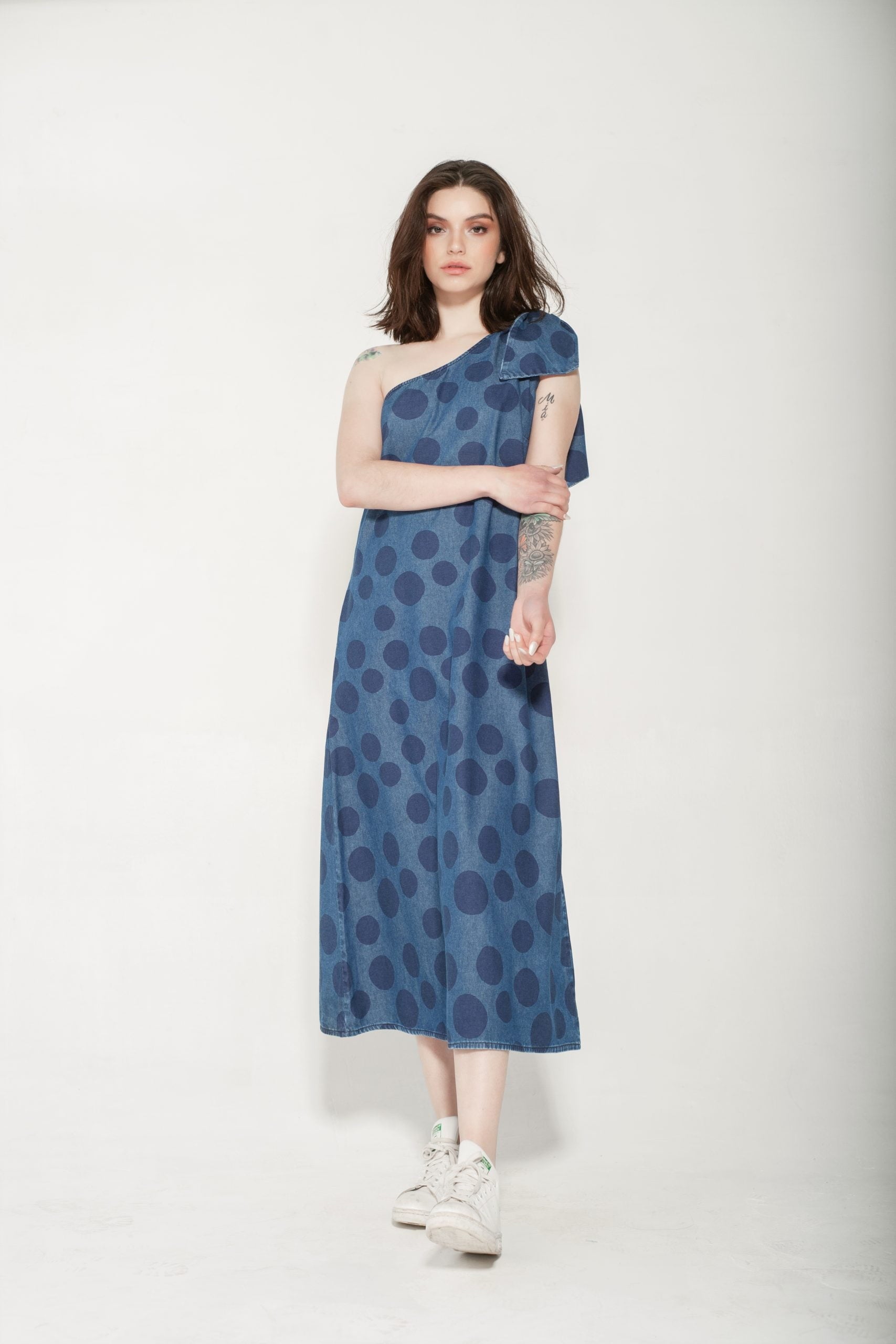 Vestido Un Hombro Amarra Azul