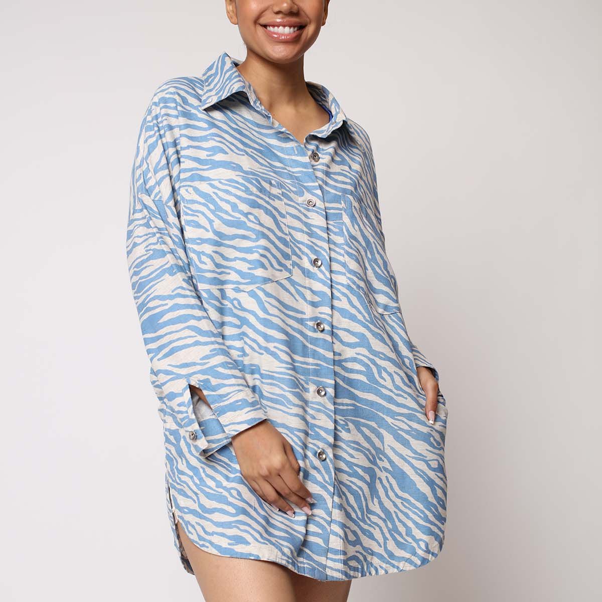 Tapado Abotonado lino  Estampado Zebra Celeste