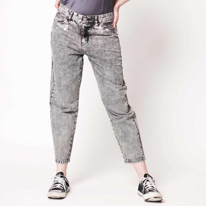 Jeans Mom Olivia Bolsillo Metalizado gris